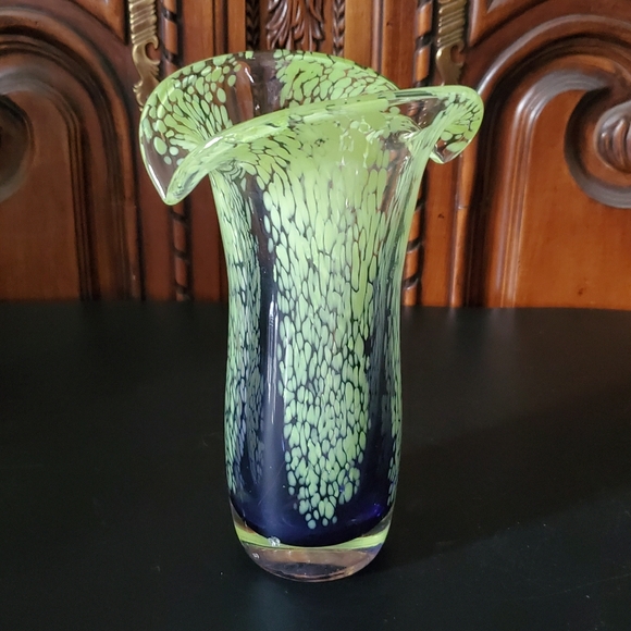 Vntg Murano Style Art Glass 7 1/2" Lime Green Clear Indigo Purple Vase - Picture 2 of 13